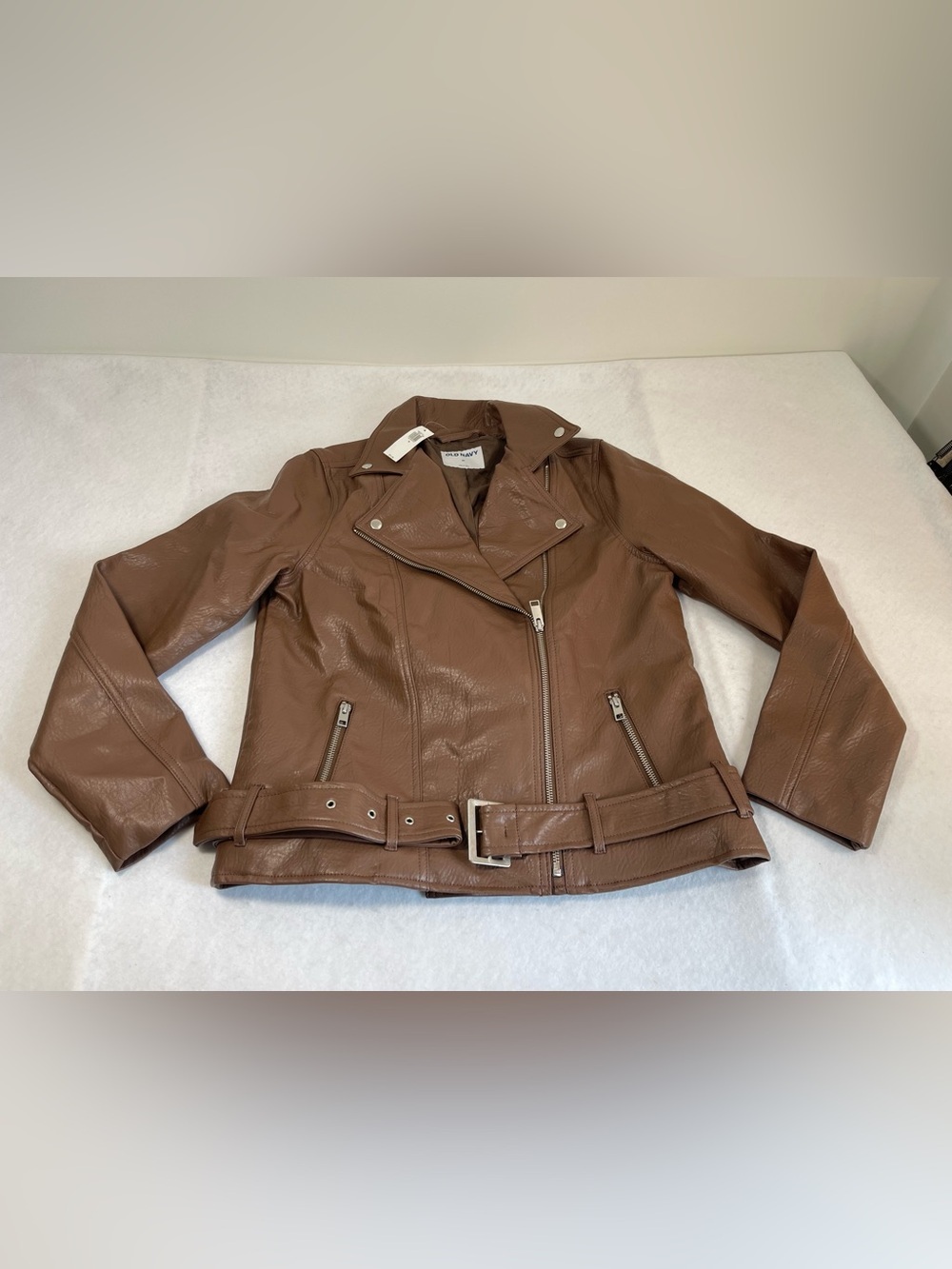Old Navy Faux Leather Moto Jacket Women M Brown Belted Biker NWT $74.99 - Picture 3 of 9